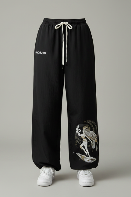 Pantalon Parachute Noir Ample Motif Mythologique Cordon - Polyester - vue 3