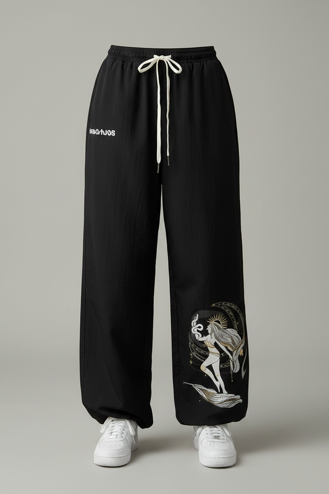 Pantalon Parachute Noir Ample Motif Mythologique Cordon - Polyester - vue 3