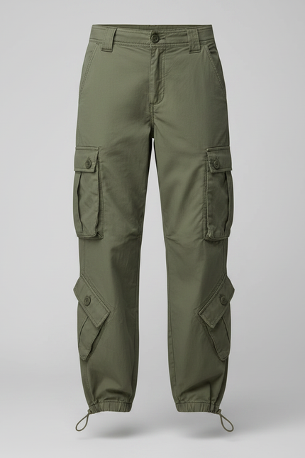 Pantalon Parachute Vert Ample Cargo Casual Femme - Kaki Gabardine - vue 3