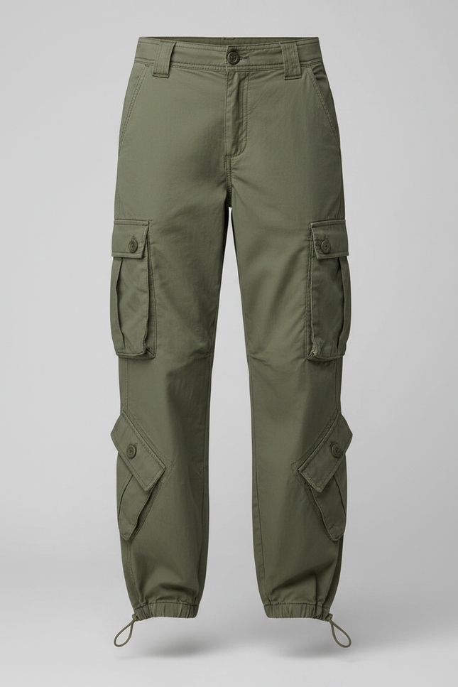 Pantalon Parachute Vert Ample Cargo Casual Femme - Kaki Gabardine - vue 3