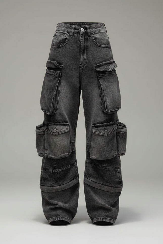 Pantalon Parachute Denim Ample Cargo Gris Délavé Femme - Jean - vue 3