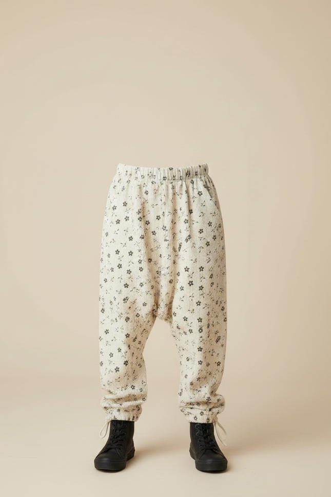 Pantalon Parachute Crème Côtelé Fleuri Ample Enfant - Beige Cordé - vue 3