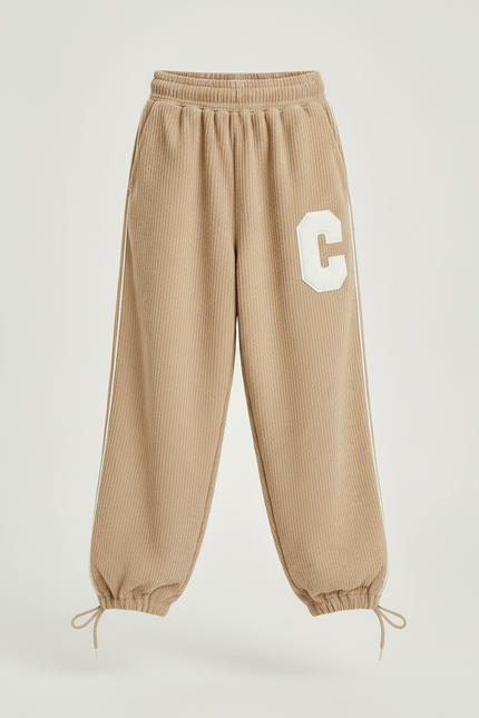 Pantalon Parachute Beige Côtelé Ample Lettre C Fille - Cordé - vue 3