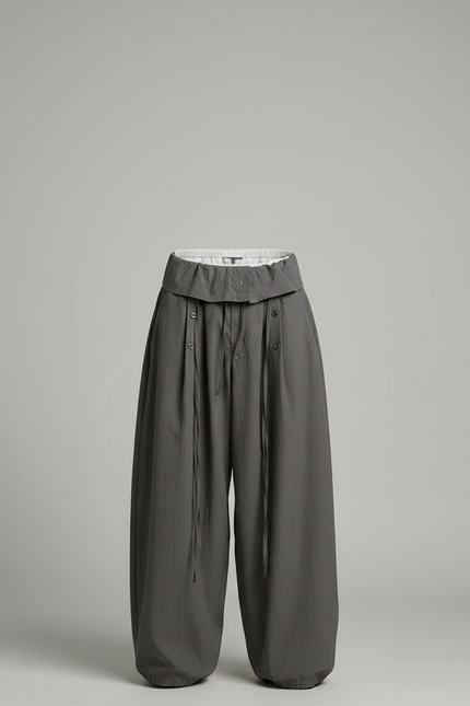 Pantalon Parachute Gris Ample Coton Cordon Décontracté - vue 3