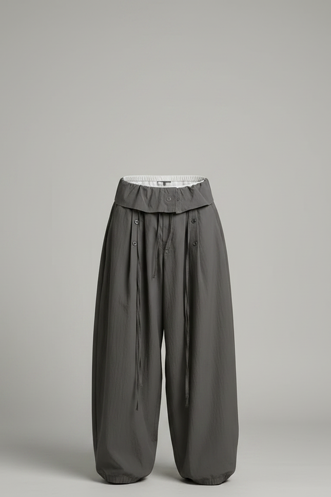 Pantalon Parachute Gris Ample Coton Cordon Décontracté - vue 3