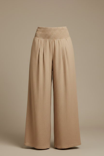 Pantalon Parachute Beige Ample Smocké Taille Haute Femme - Lin - vue 3