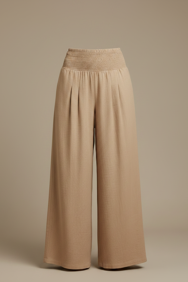 Pantalon Parachute Beige Ample Smocké Taille Haute Femme - Lin - vue 3