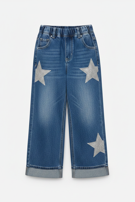 Pantalon Parachute Denim Étoiles Ample Fille Décontracté - Bleu Jean - vue 3