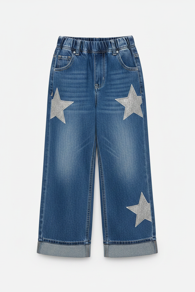 Pantalon Parachute Denim Étoiles Ample Fille Décontracté - Bleu Jean - vue 3