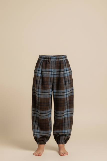 Pantalon Parachute Plaid Marron Bleu Ample Chaud Fille - Multicolore Laine - vue 3