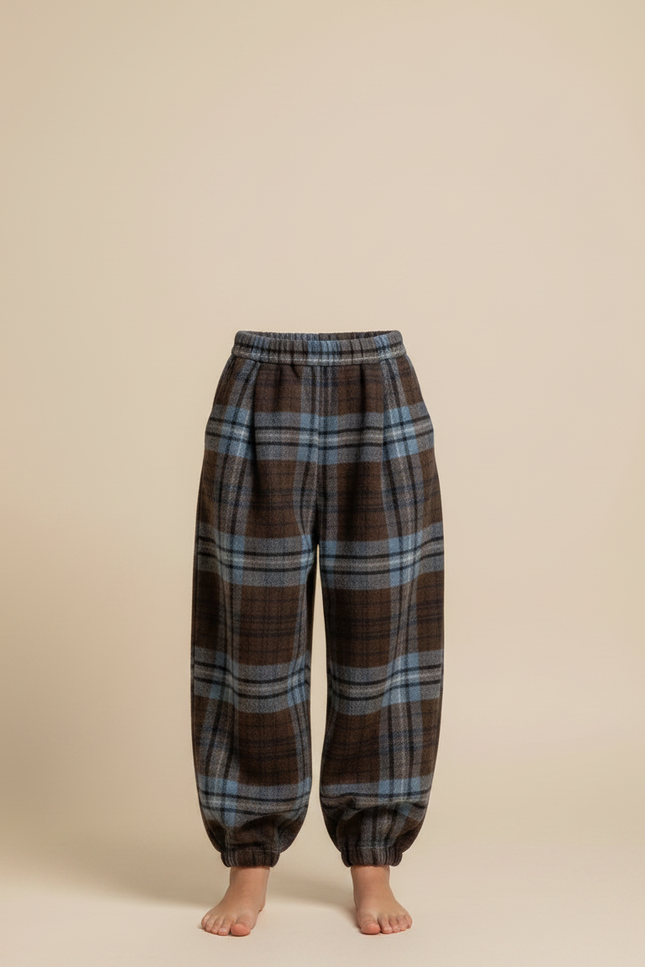 Pantalon Parachute Plaid Marron Bleu Ample Chaud Fille - Multicolore Laine - vue 3