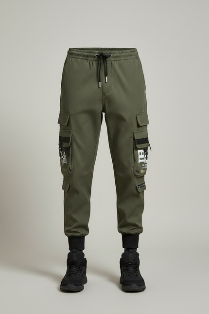 Pantalon Parachute Kaki Cargo Imprimé Cordon Jogger - Toile - vue 3