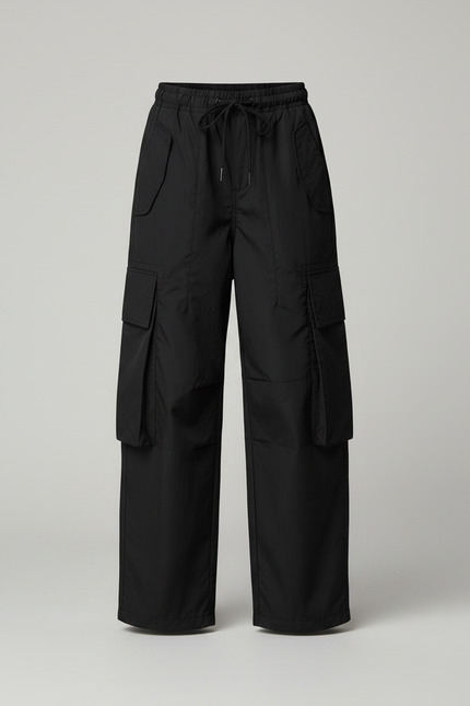 Pantalon Parachute Noir Ample Cargo Cordon Fille - Polyester - vue 3