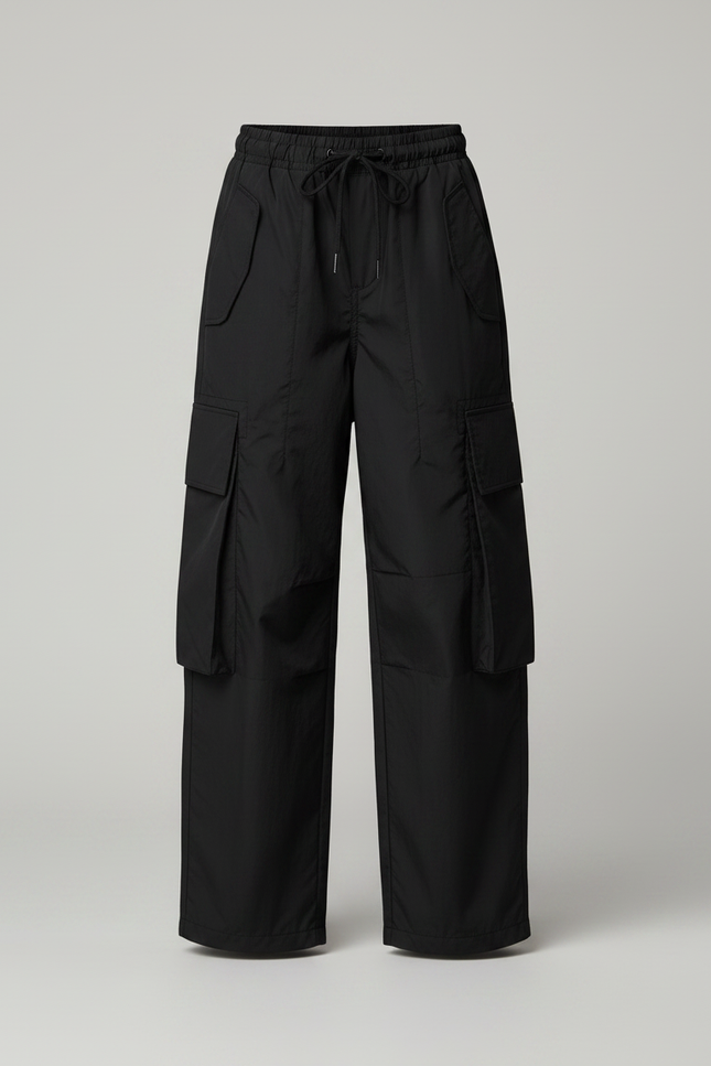 Pantalon Parachute Noir Ample Cargo Cordon Fille - Polyester - vue 3