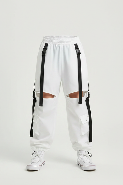 Pantalon Parachute Blanc Cargo Déchiré Bretelles Garçon - Polyester - vue 3