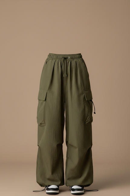 Pantalon Parachute Vert Ample Cargo Femme Fluide - Kaki Polyester - vue 3
