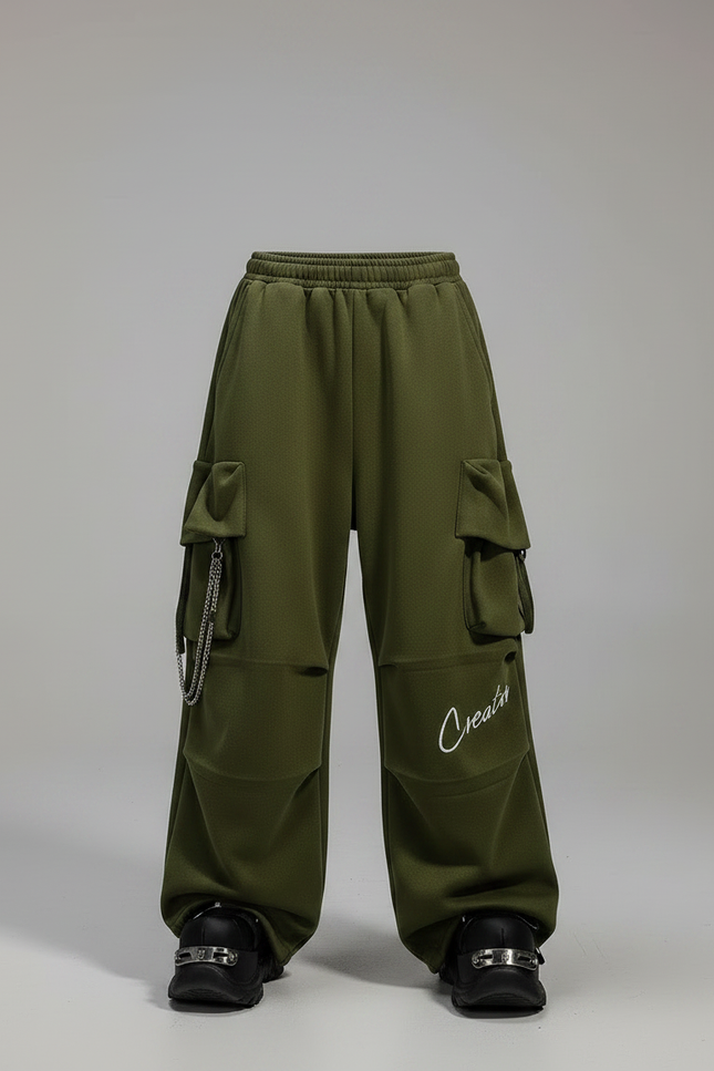Pantalon Parachute Vert Ample Cargo Enfant Décontracté Hip Hop - Molleton - vue 3