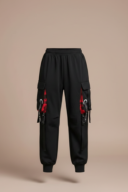 Pantalon Parachute Noir Cargo Ample Carreaux Rouges - Polyester - vue 3
