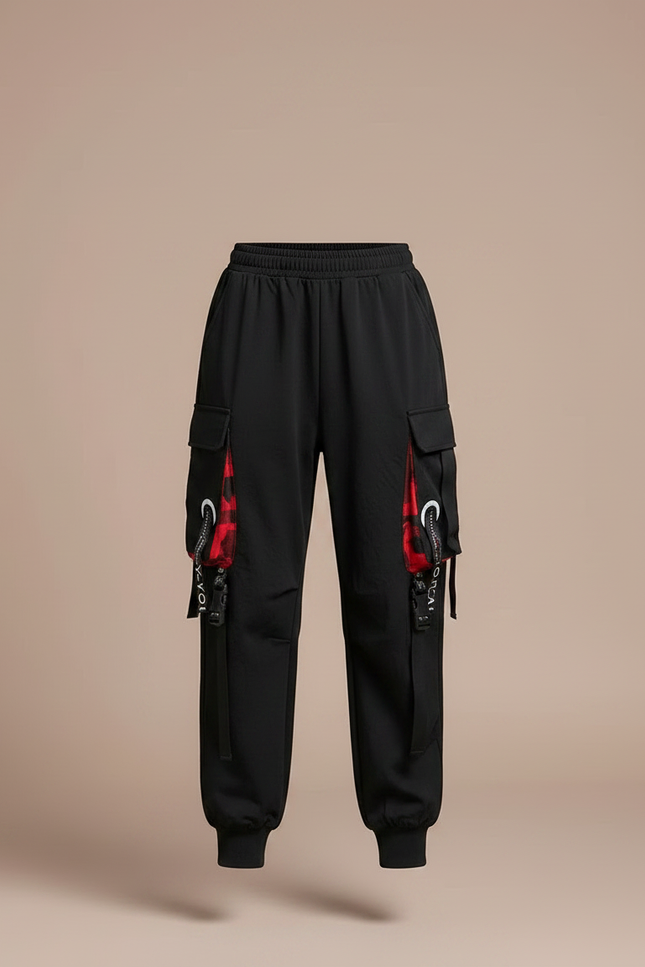 Pantalon Parachute Noir Cargo Ample Carreaux Rouges - Polyester - vue 3