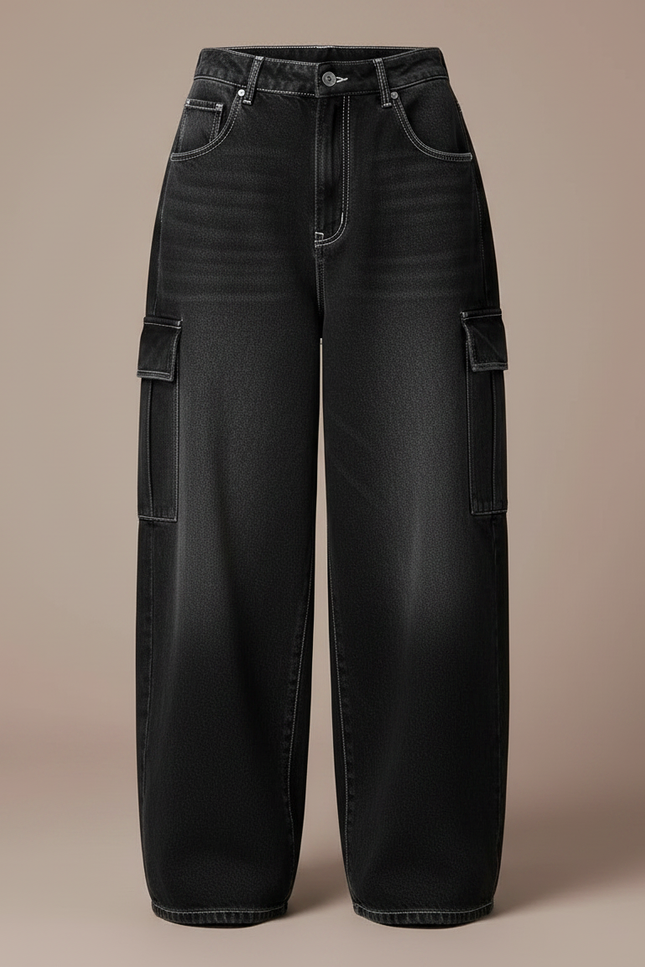 Pantalon Parachute Noir Cargo Ample Femme Streetwear Y2K - Jean - vue 3