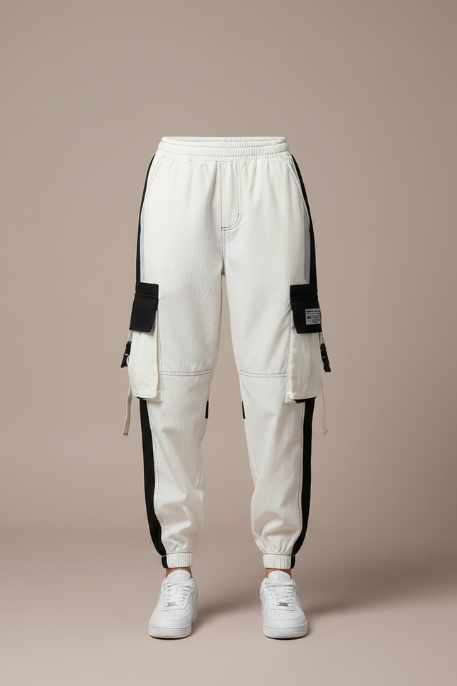 Pantalon Parachute Blanc Cargo Bicolore Techwear Femme Y2K - Toile - vue 3