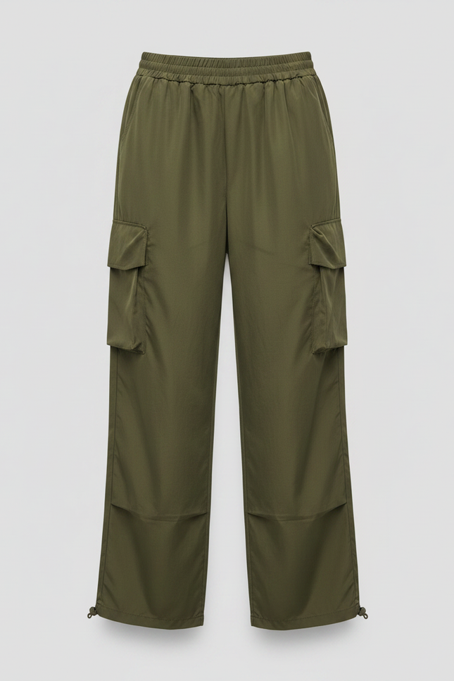 Pantalon Parachute Kaki Ample Cargo Taille Élastique - Polyester - vue 3