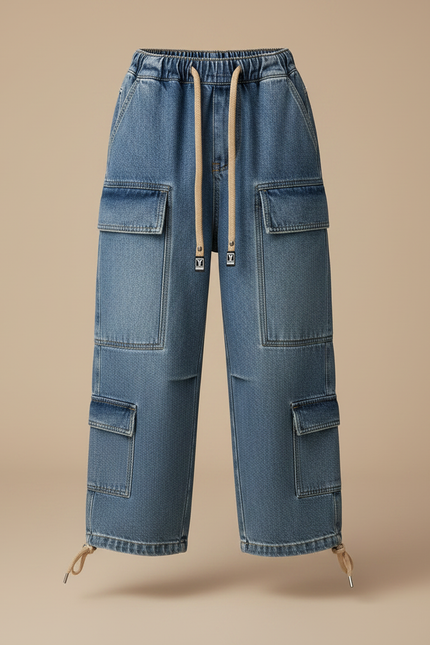 Pantalon Parachute Jean Ample Cargo Garçon Cordon - Bleu - vue 3