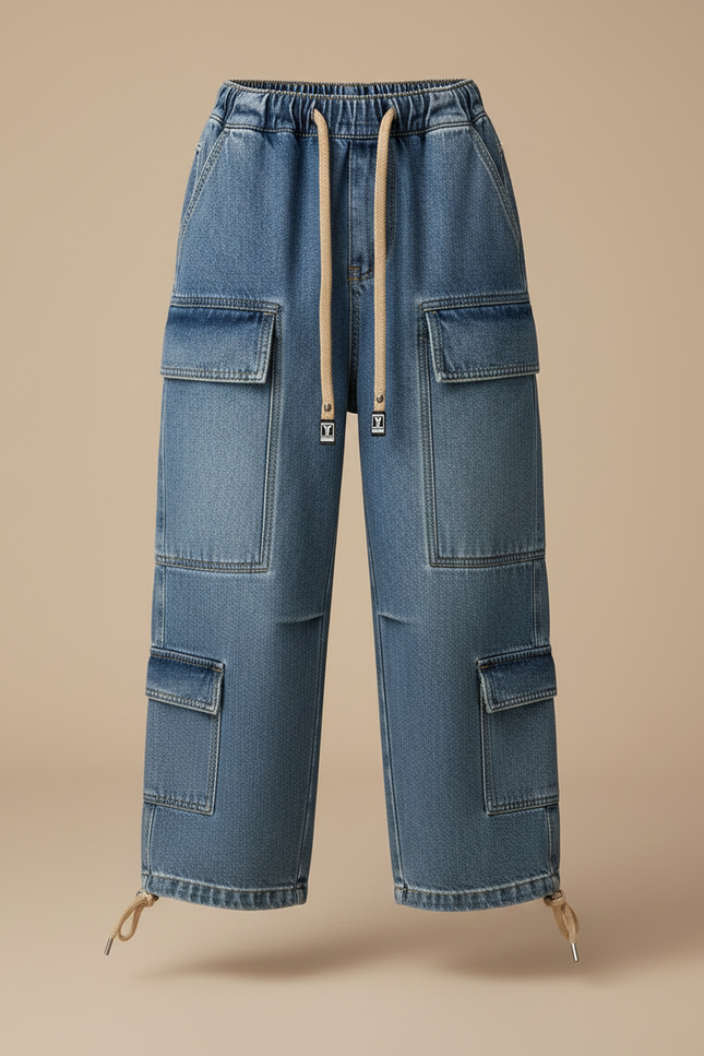 Pantalon Parachute Jean Ample Cargo Garçon Cordon - Bleu - vue 3