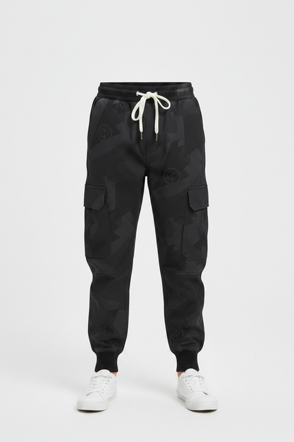 Pantalon Parachute Noir Cargo Imprimé Géométrique Cordon - Polyester - vue 3