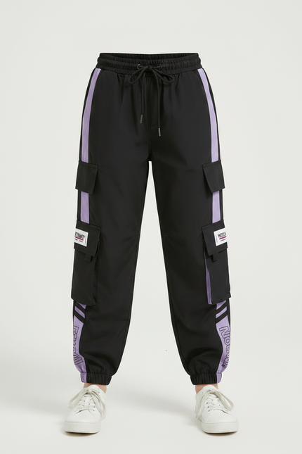 Pantalon Parachute Noir Violet Cargo Ample Décontracté - Polyester - vue 3