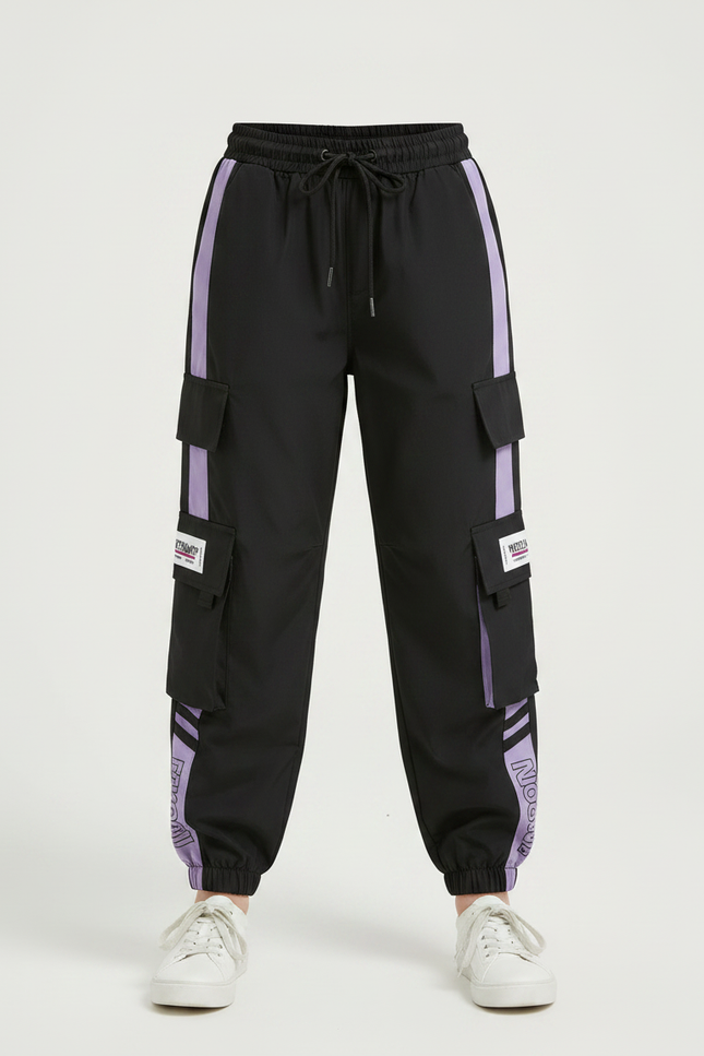 Pantalon Parachute Noir Violet Cargo Ample Décontracté - Polyester - vue 3