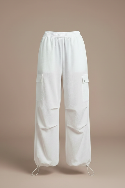 Pantalon Parachute Blanc Ample Cargo Cordon Décontracté - Polyester - vue 3