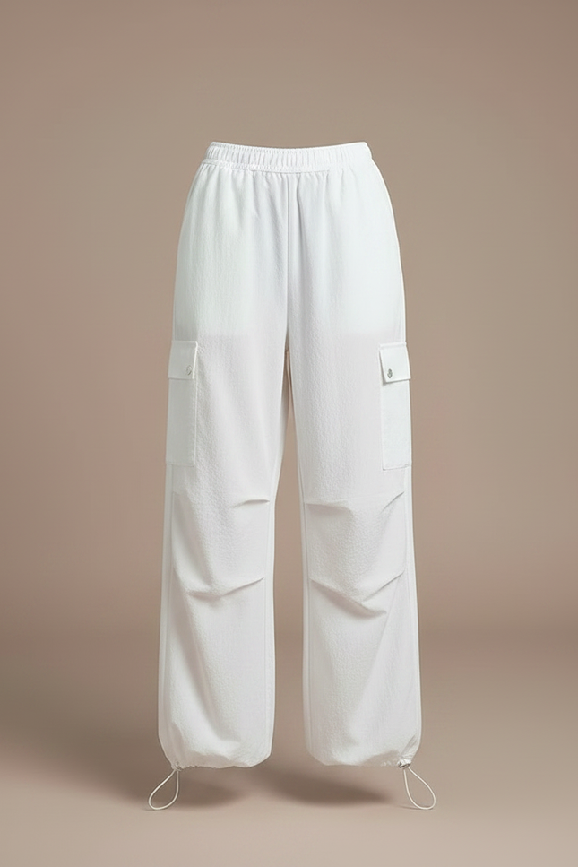 Pantalon Parachute Blanc Ample Cargo Cordon Décontracté - Polyester - vue 3