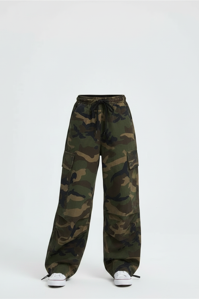 Pantalon Parachute Camouflage Ample Kaki Vert Enfant - Toile - vue 3