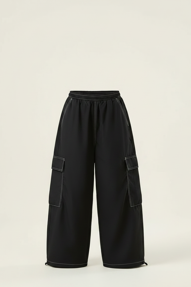 Pantalon Parachute Noir Ample Fille Couture Blanche - Polyester - vue 3
