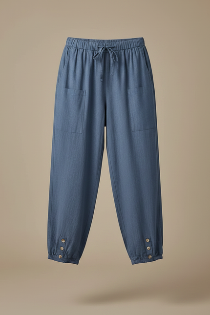 Pantalon Parachute Bleu Coton Lin Ample Décontracté - vue 3