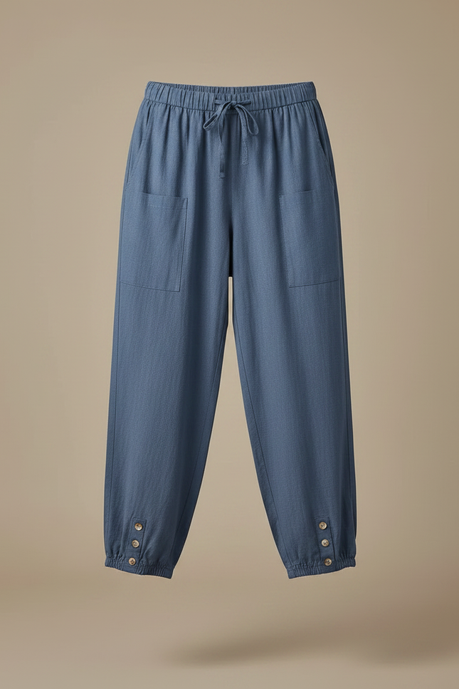Pantalon Parachute Bleu Coton Lin Ample Décontracté - vue 3
