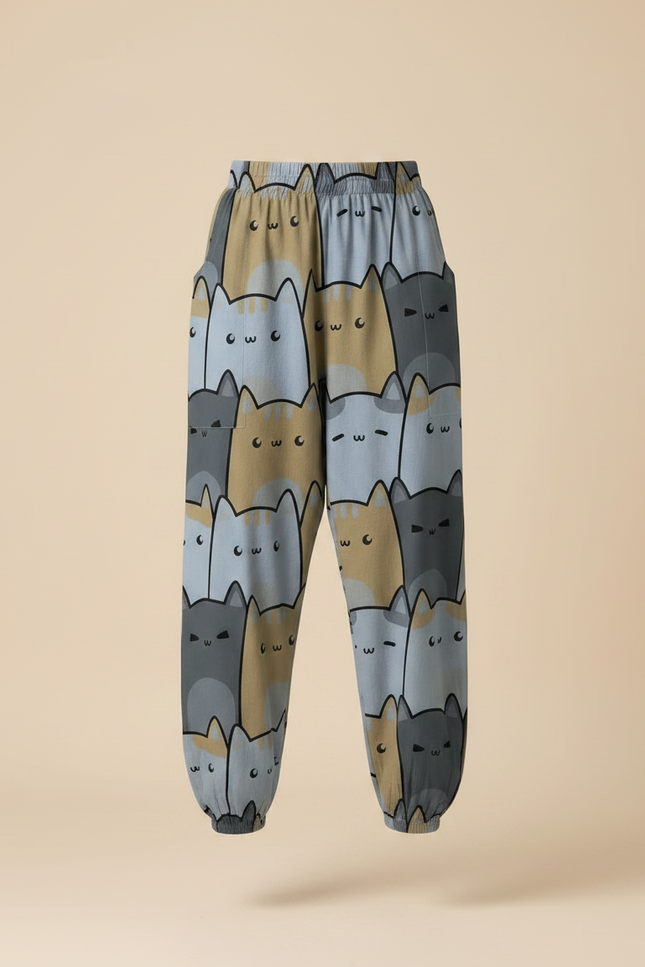 Pantalon Parachute Chat Imprimé Ample Décontracté Élastique - Viscose - vue 3