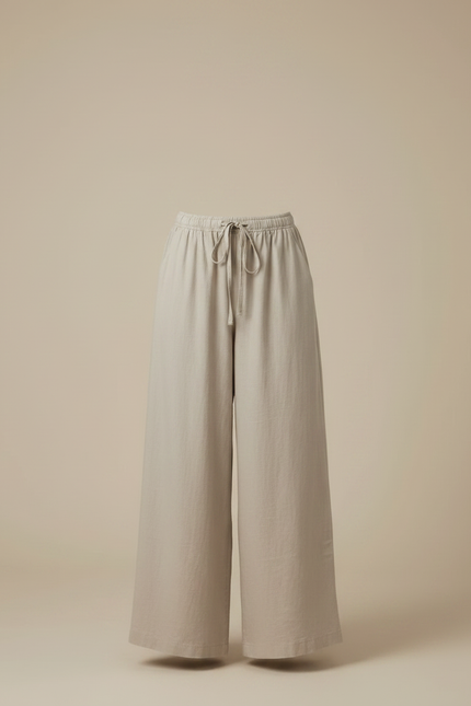 Pantalon Parachute Beige Lin Ample Taille Élastique Femme - vue 3