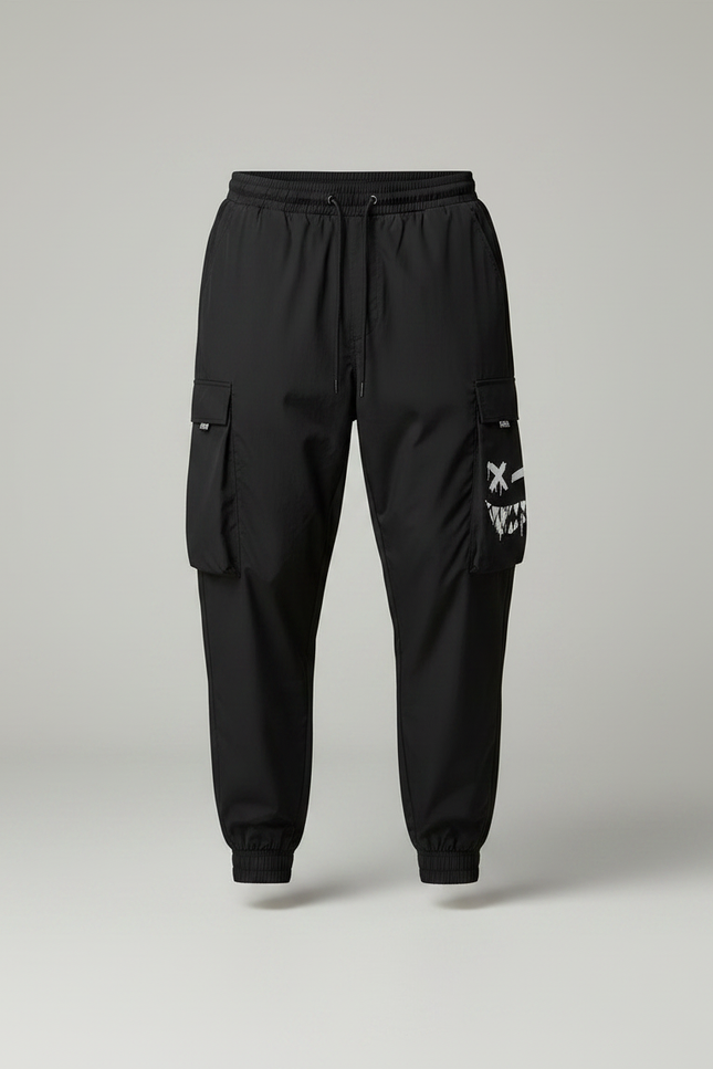Pantalon Parachute Noir Cargo Ample Imprimé Homme - Polyester - vue 3