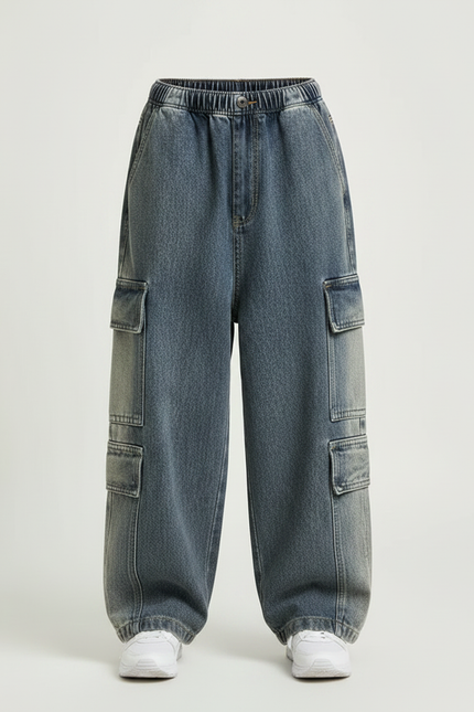 Pantalon Parachute Jean Cargo Ample Enfant Garçon - Bleu - vue 3