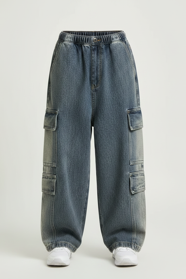 Pantalon Parachute Jean Cargo Ample Enfant Garçon - Bleu - vue 3