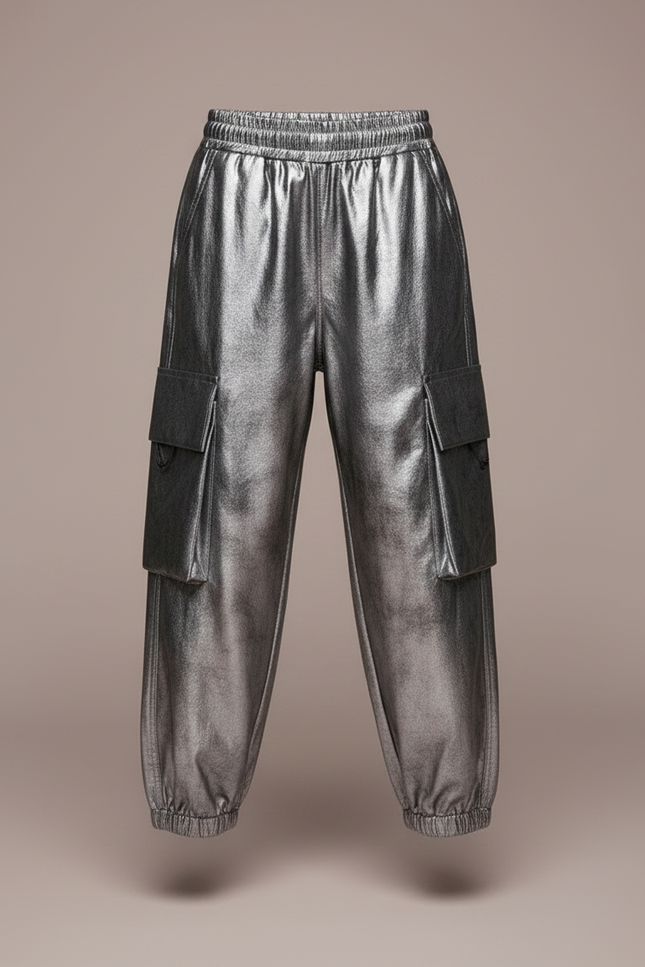 Pantalon Parachute Argenté Cargo Ample Métallisé Enfant - Simili cuir - vue 3