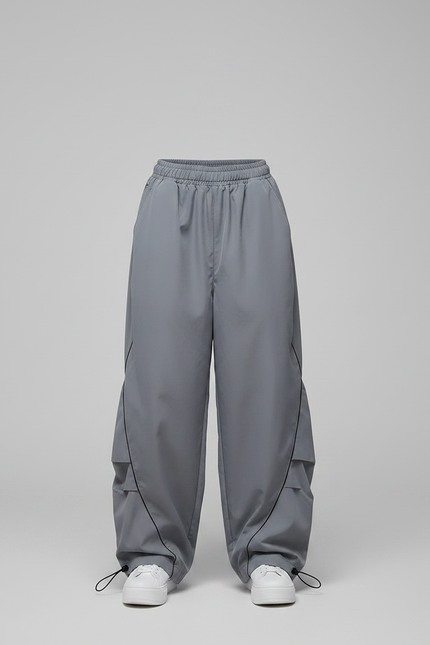 Pantalon Parachute Gris Ample Streetwear Lignes Noires - Polyester - vue 3