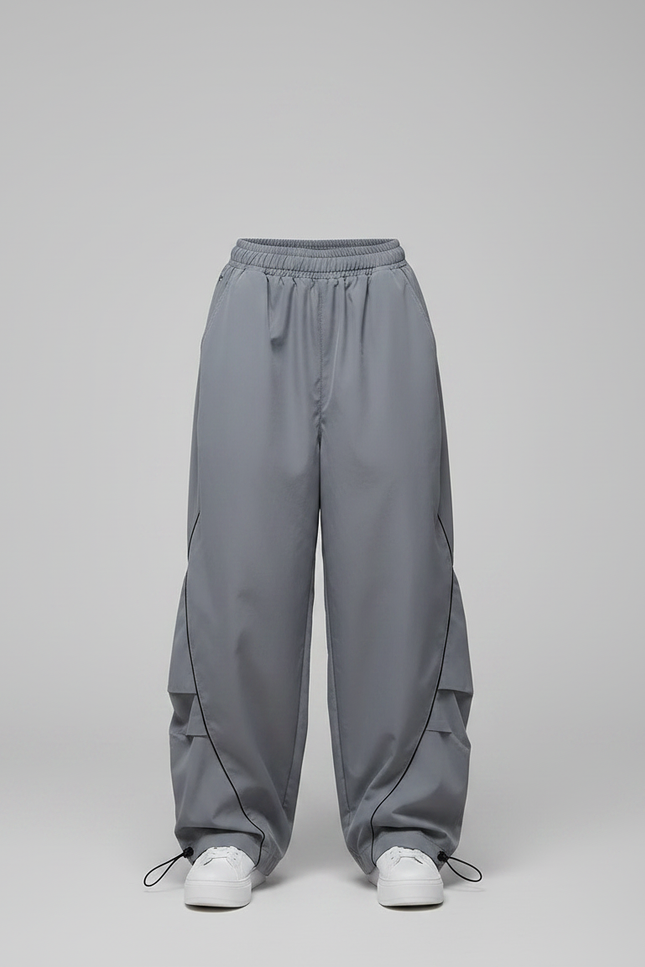 Pantalon Parachute Gris Ample Streetwear Lignes Noires - Polyester - vue 3