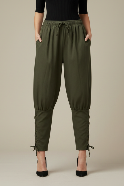 Pantalon Parachute Noir Kaki Ample Lacets Femme - Gabardine - vue 3