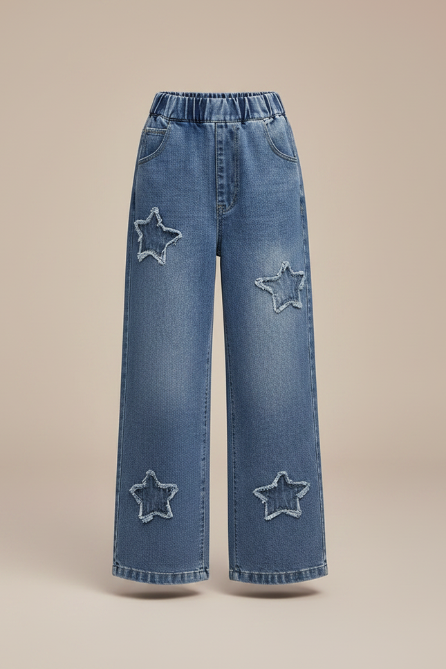 Pantalon Parachute Denim Étoiles Ample Fille Jeans - Bleu - vue 3