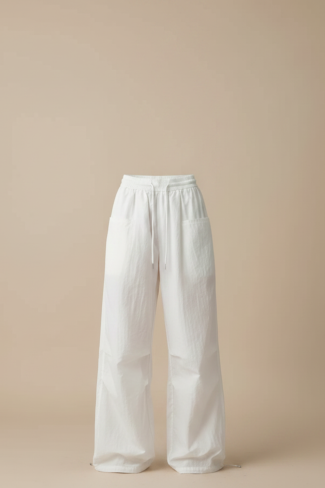 Pantalon Parachute Blanc Ample Fluide Cordon Streetwear - Polyester - vue 3