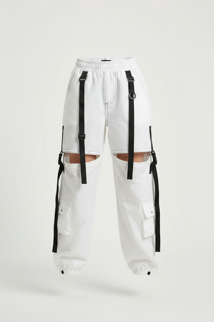 Pantalon Parachute Blanc Cargo Découpes Streetwear Fille - Polyester - vue 3