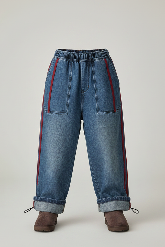 Pantalon Parachute Denim Ample Rayures Rouge Fille - Bleu Jean - vue 3